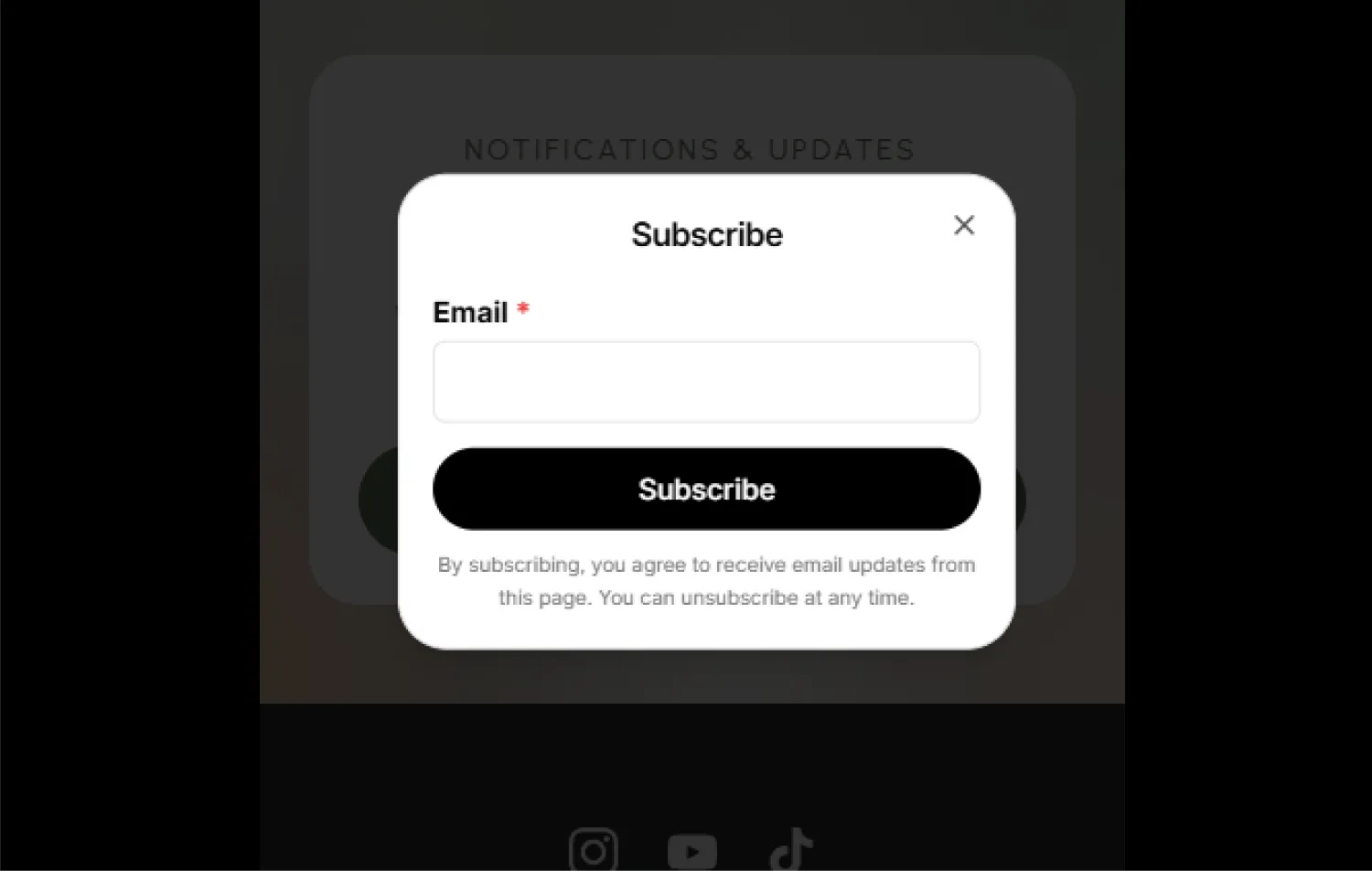 Subscription pop-up on the live page