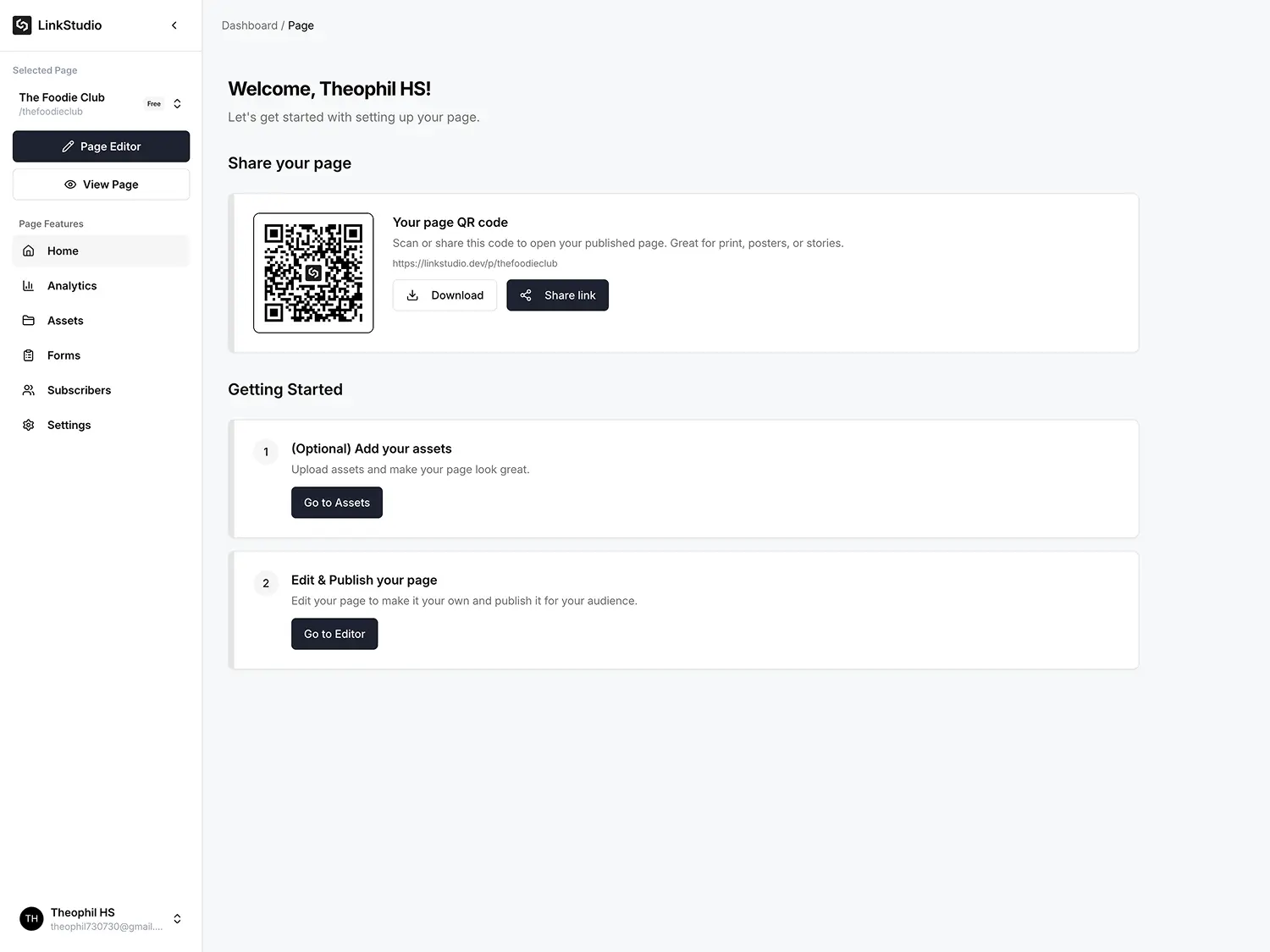 A page's dashboard
